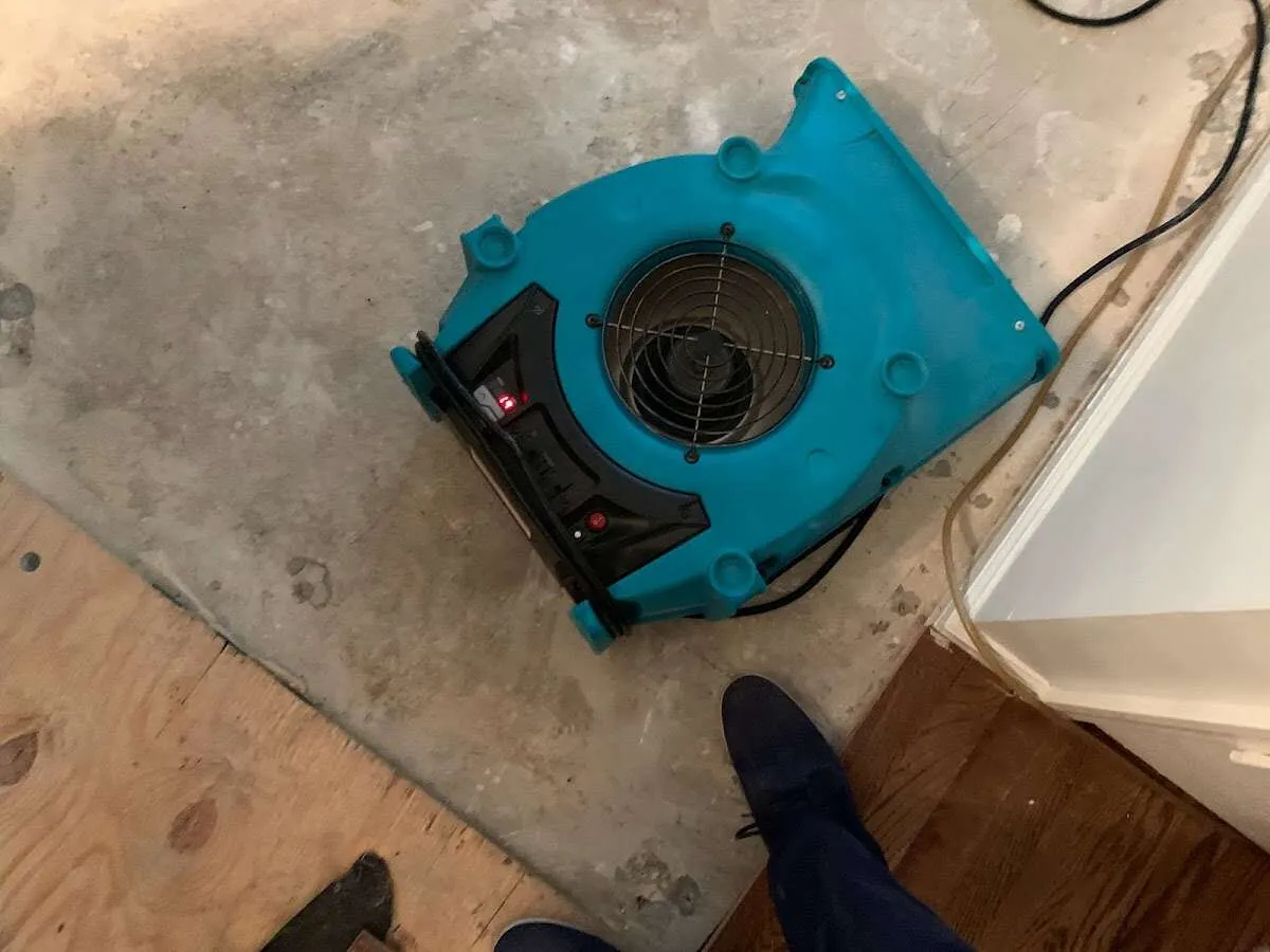 Air mover drying subfloor during Leak Detection & Repair in Walla Walla